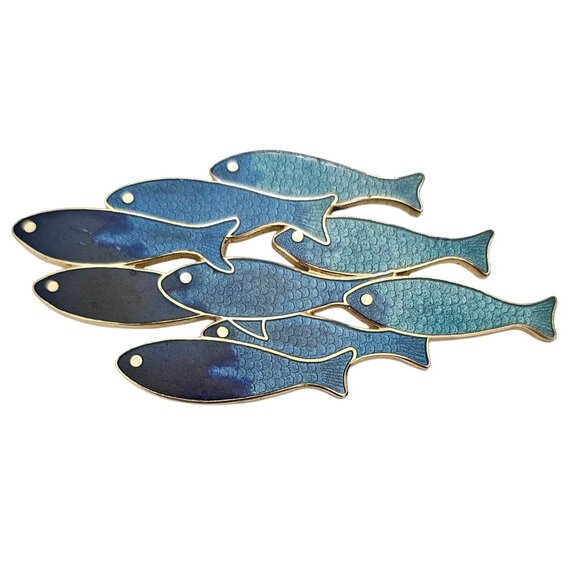 Fish Enterprise Jewelry - Fish Enterprise Blue Teal Champleve School Of Fish Brooch Pin Signed, J47